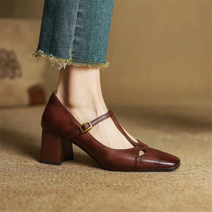 Women's Leather T-Strap Mary Jane Heels with Square Toe