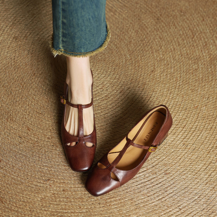 Women's Leather T-Strap Mary Jane Heels with Square Toe