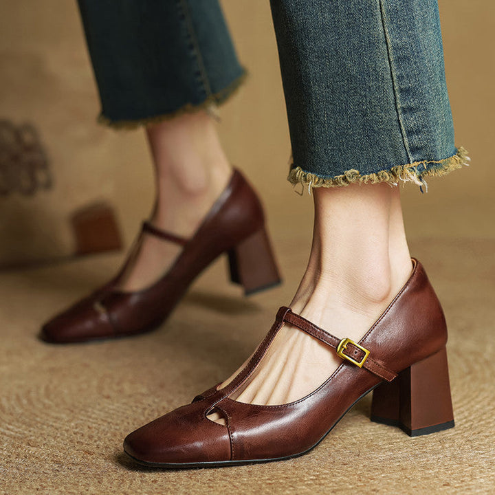 Women's Leather T-Strap Mary Jane Heels with Square Toe