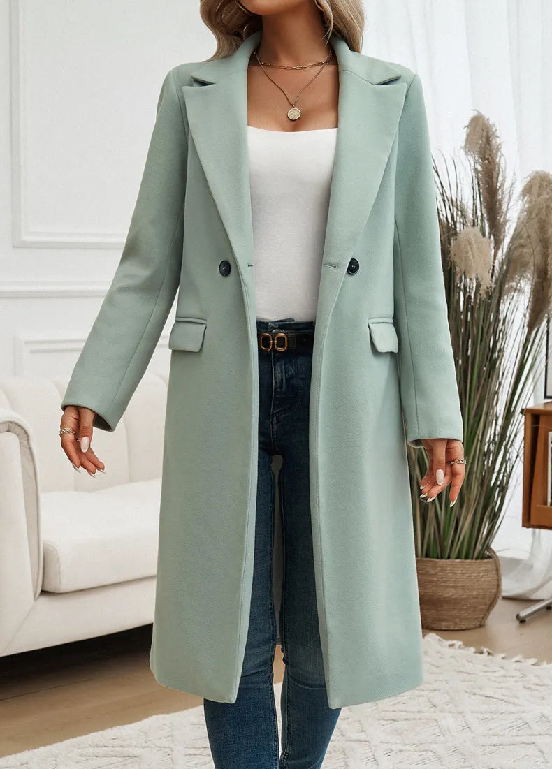 Women's Longline Wool Coat with Notch Lapel