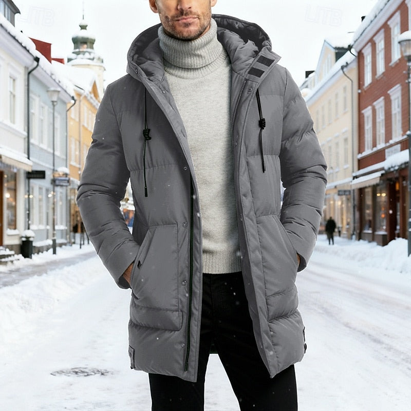 Men's Hooded Longline Puffer Coat with Deep Pockets