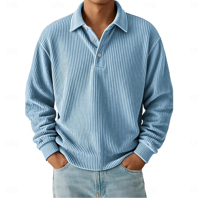 Men's Ribbed Knit Polo Shirt with Button Placket