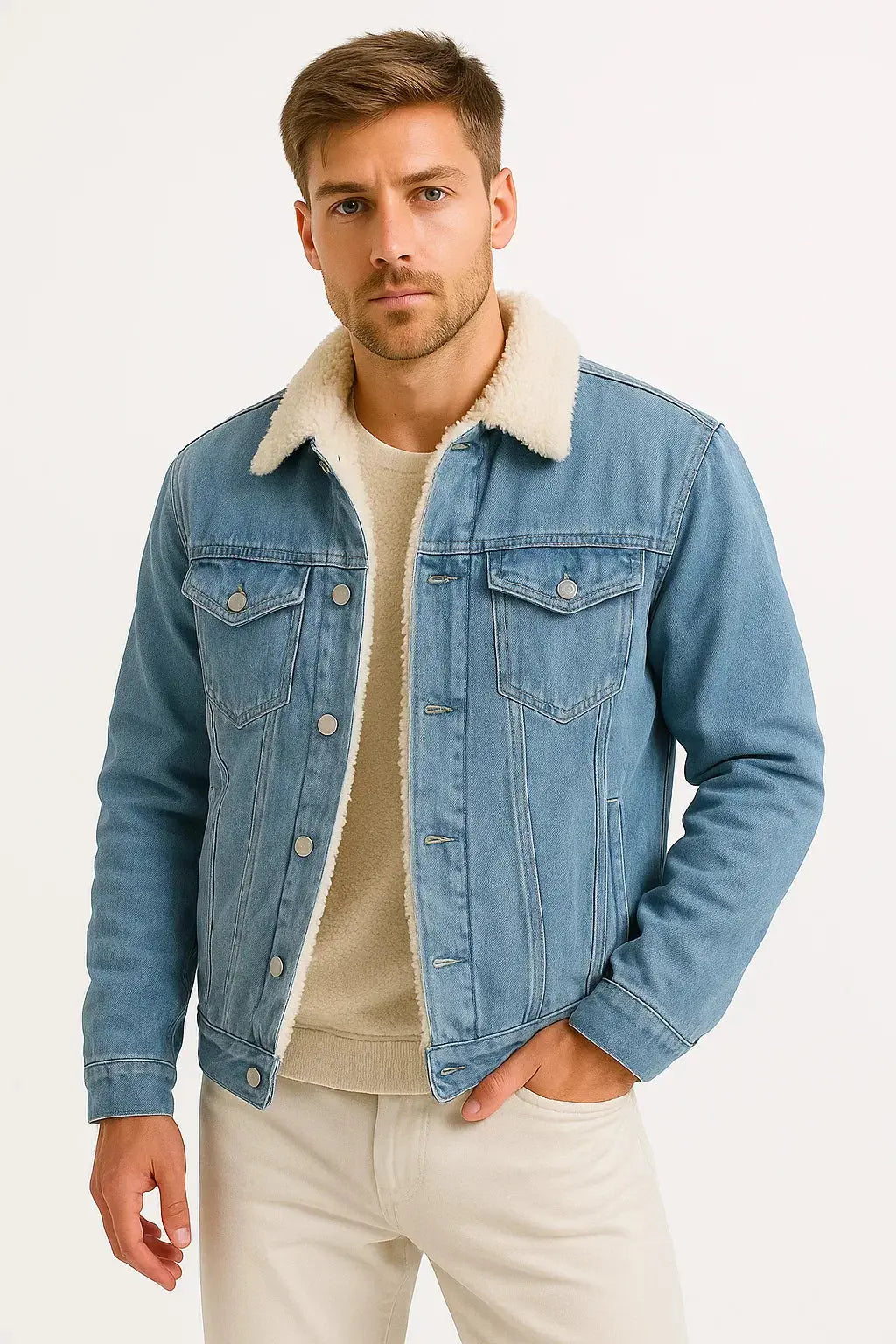 Men's Fleece-Lined Denim Jacket with Shearling Collar