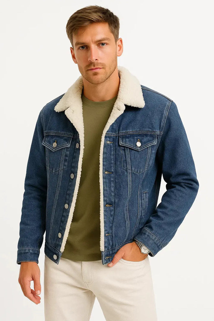 Men's Fleece-Lined Denim Jacket with Shearling Collar