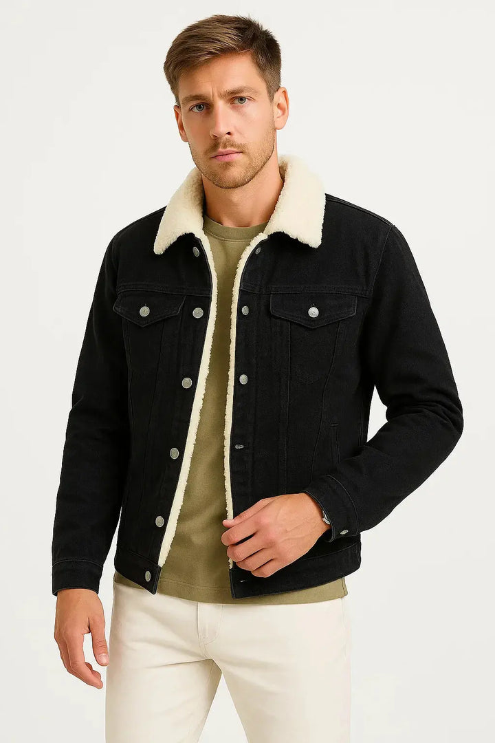 Men's Fleece-Lined Denim Jacket with Shearling Collar