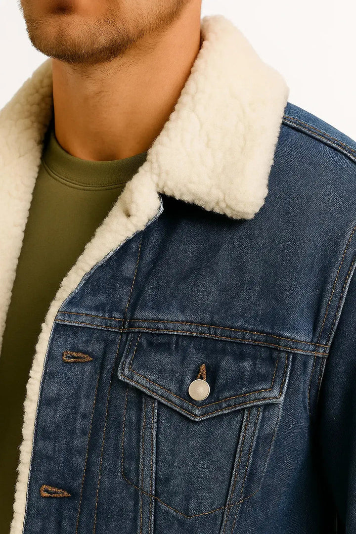 Men's Fleece-Lined Denim Jacket with Shearling Collar