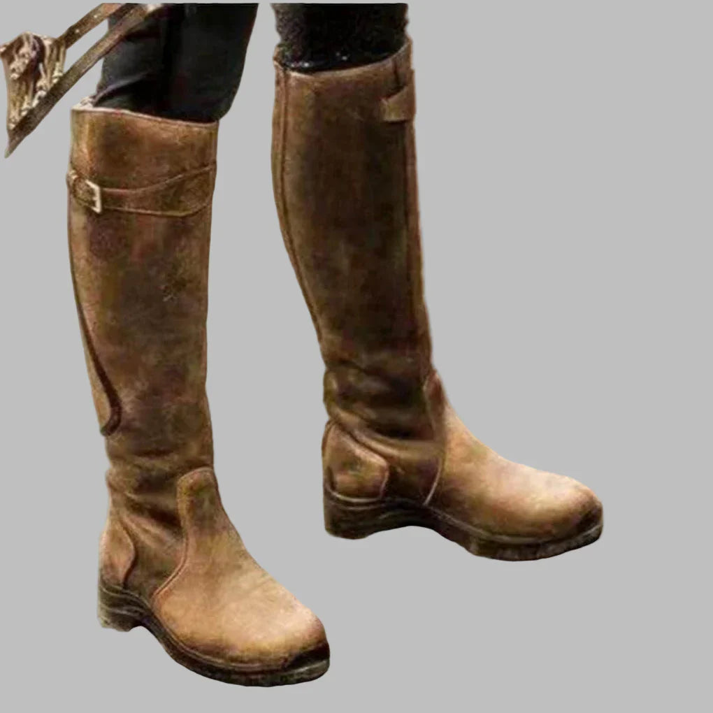 Women's Leather Knee-High Riding Boots with Buckle Strap