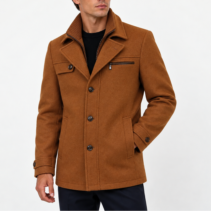 Men's Wool Blend Coat with Zip Collar and Button Front