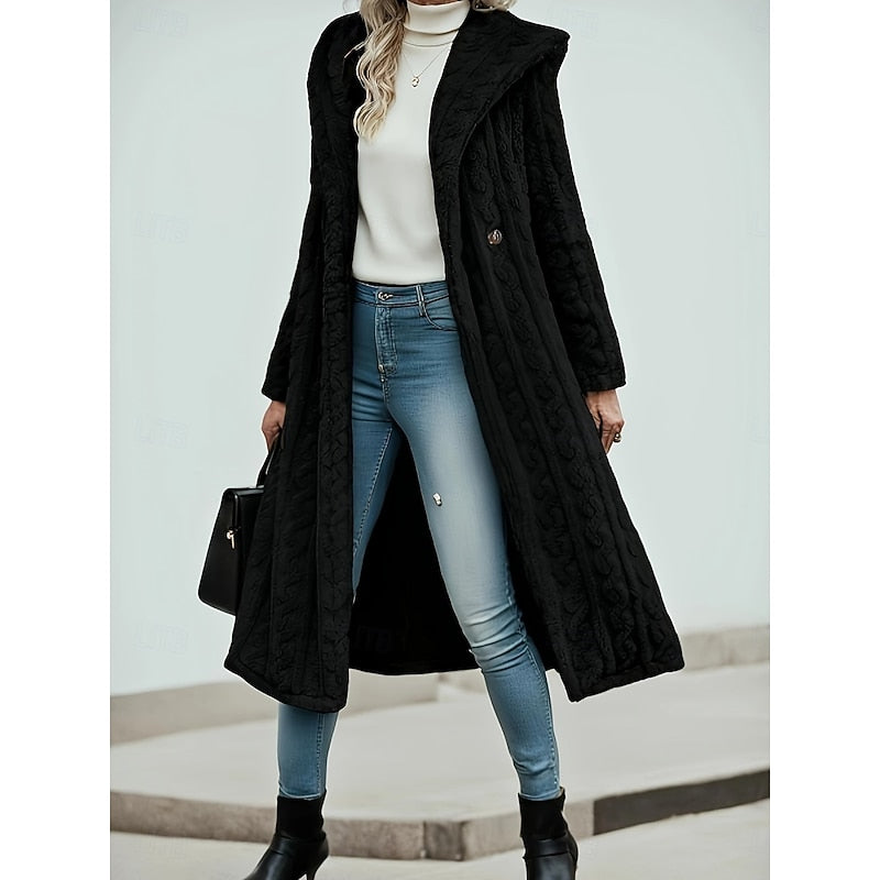 Women's Faux Fur Longline Hooded Coat with Pockets
