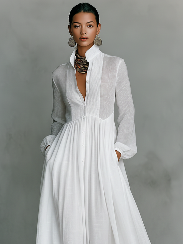 Women's Button-Front Maxi Dress with Stand Collar