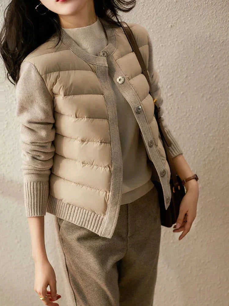 Women's Quilted Puffer Jacket with Knitted Sleeves
