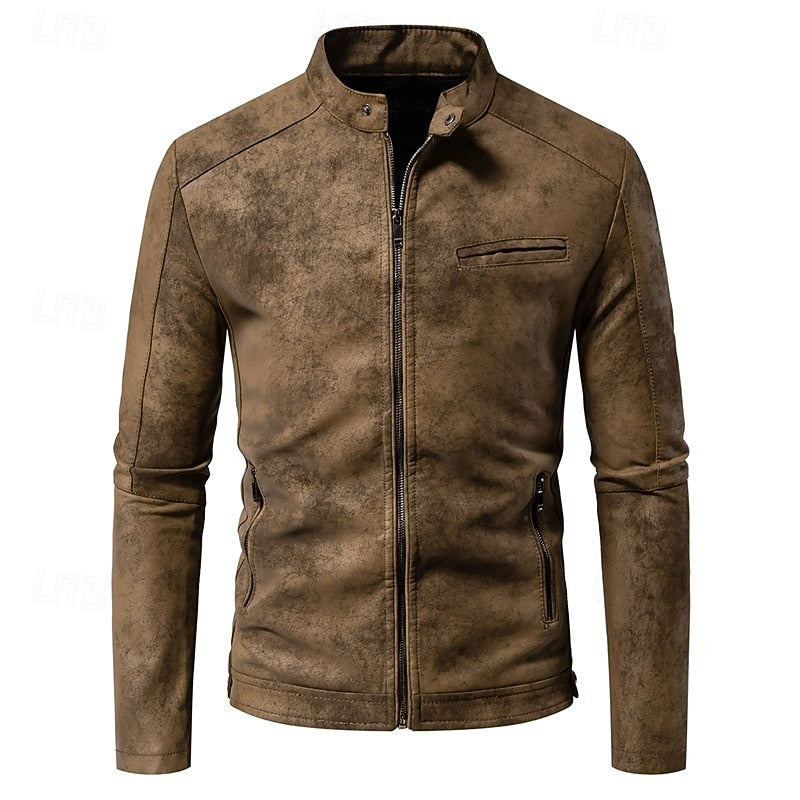 Men's Faux Leather Biker Jacket with Stand Collar