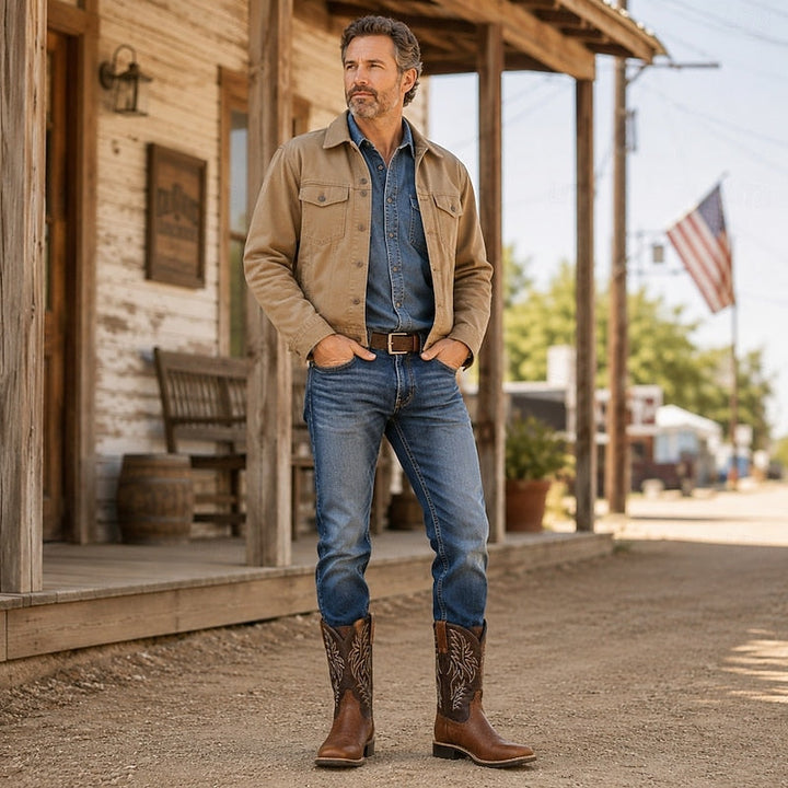 Men's Leather Western Cowboy Boots with Stitched Shaft