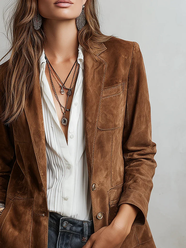 Women's Suede Blazer with Notch Lapels Relaxed Fit