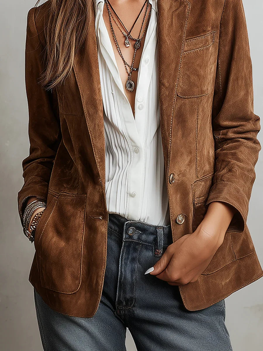 Women's Suede Blazer with Notch Lapels Relaxed Fit