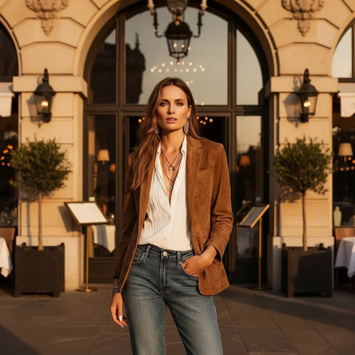Women's Suede Blazer with Notch Lapels Relaxed Fit
