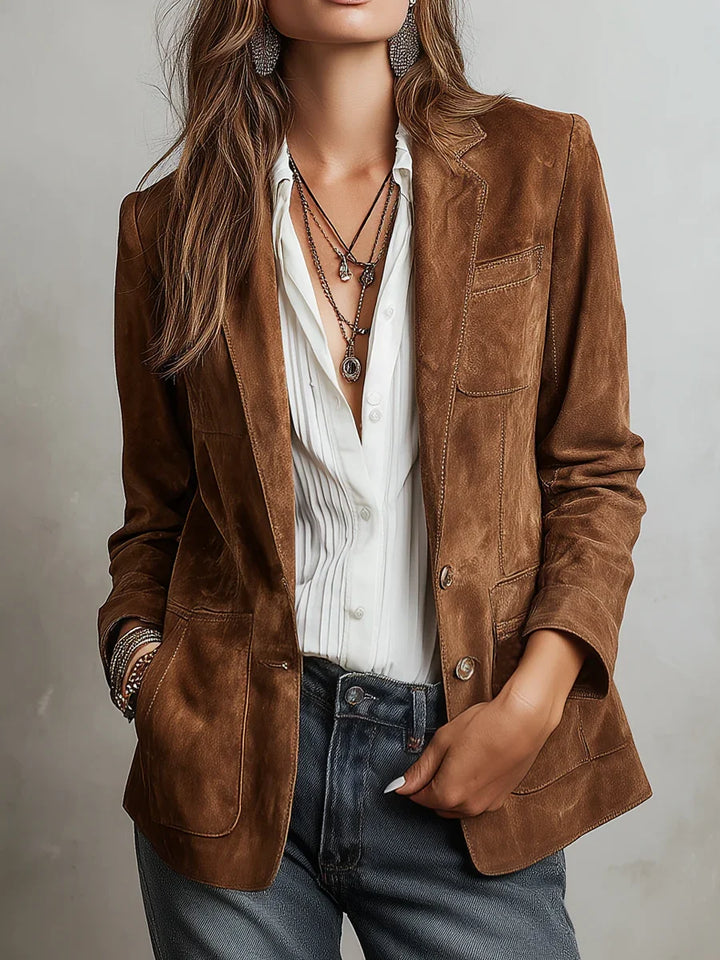 Women's Suede Blazer with Notch Lapels Relaxed Fit