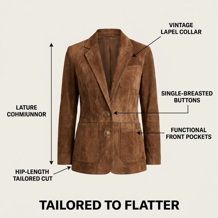 Women's Suede Blazer with Notch Lapels Relaxed Fit