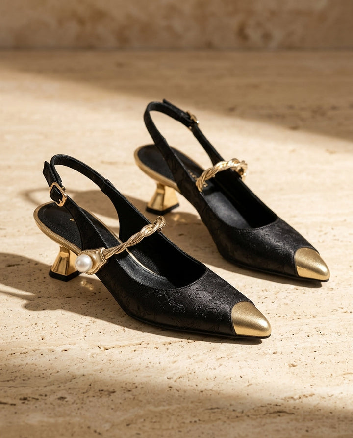 Escarpins en satin pour femme à petit talon avec bride ornée de perles