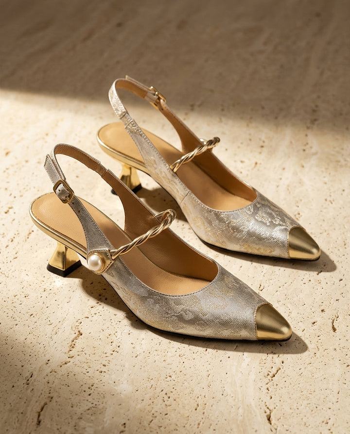 Escarpins en satin pour femme à petit talon avec bride ornée de perles
