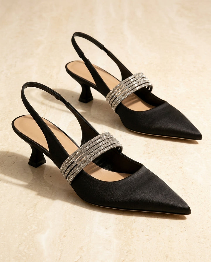 Women's Satin Slingback Kitten Heels with Rhinestone Strap