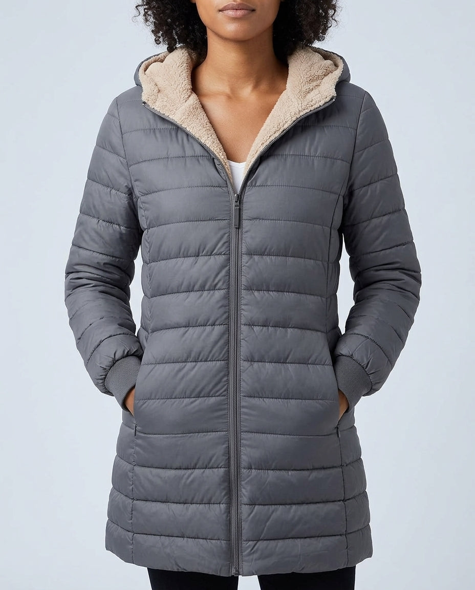 Women's Longline Hooded Puffer Coat with Ribbed Cuffs