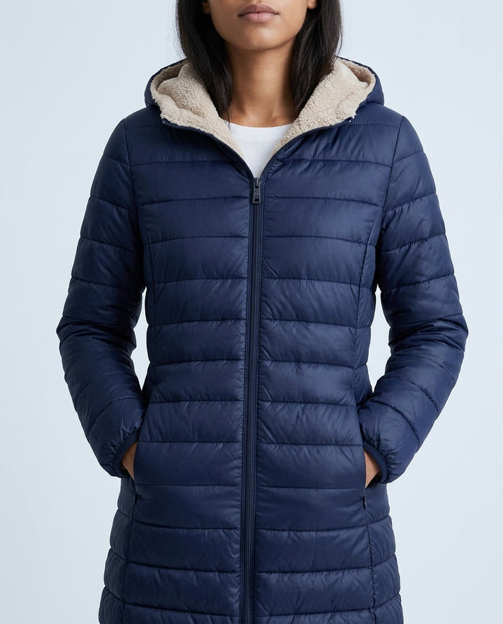 Women's Longline Hooded Puffer Coat with Ribbed Cuffs