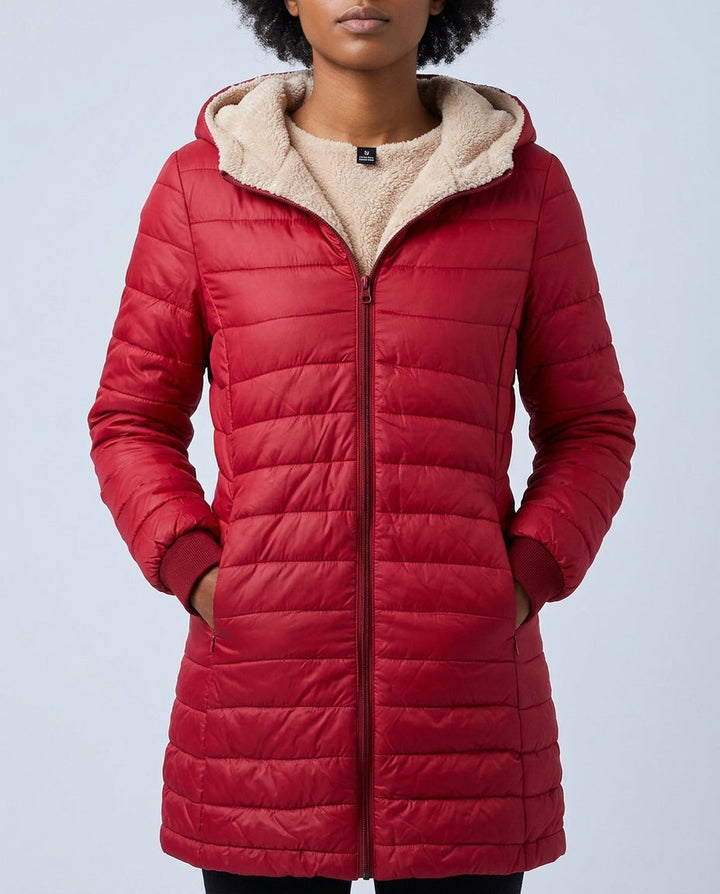 Women's Longline Hooded Puffer Coat with Ribbed Cuffs