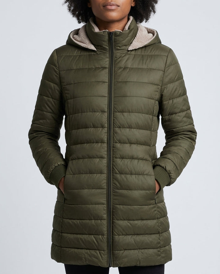 Women's Longline Hooded Puffer Coat with Ribbed Cuffs