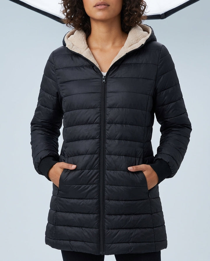 Women's Longline Hooded Puffer Coat with Ribbed Cuffs