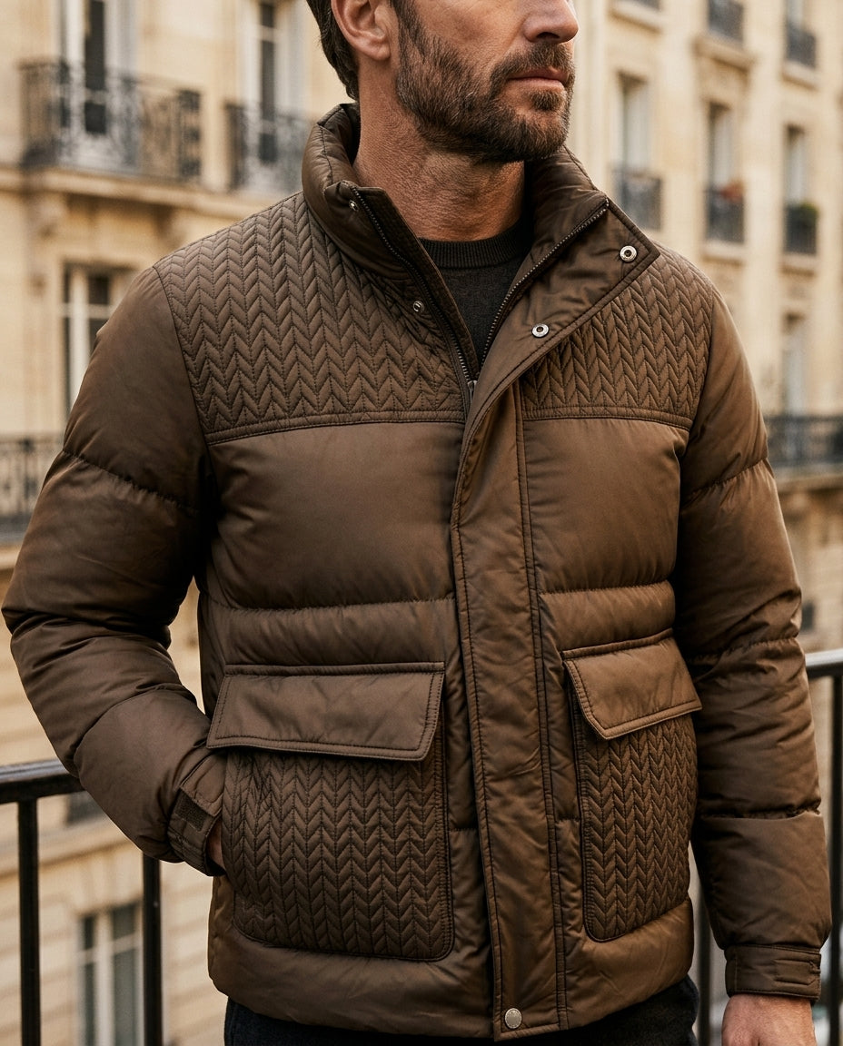 Men's Quilted Puffer Jacket with Funnel Neck Collar