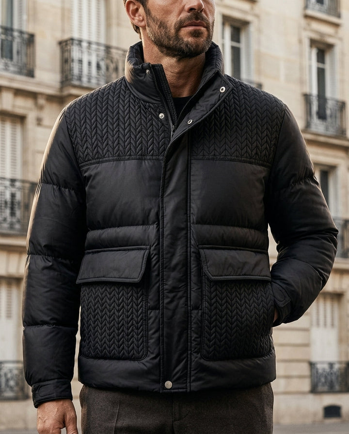 Men's Quilted Puffer Jacket with Funnel Neck Collar