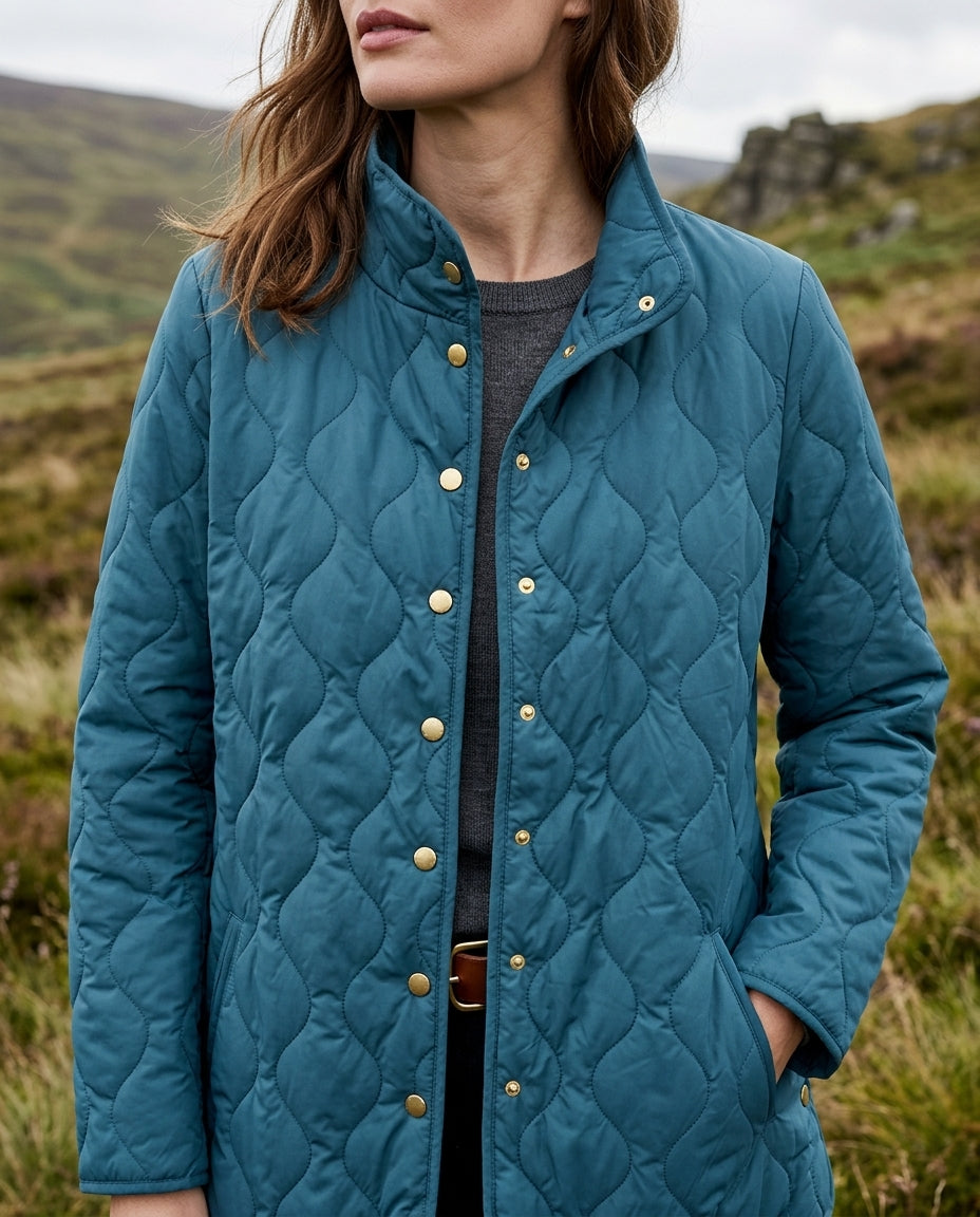 Women's Quilted Longline Jacket with Snap Button Front