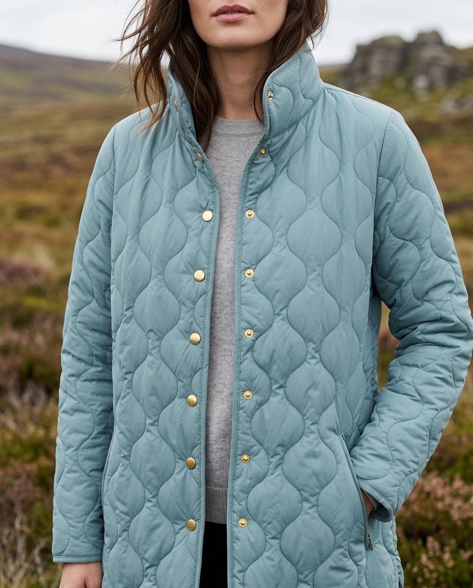 Women's Quilted Longline Jacket with Snap Button Front
