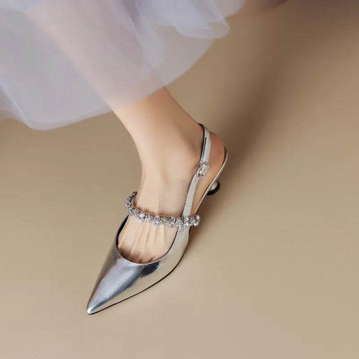 Women's Metallic Slingback Heels with Crystal Vamp Strap