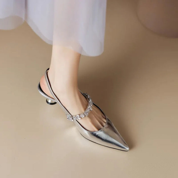 Women's Metallic Slingback Heels with Crystal Vamp Strap