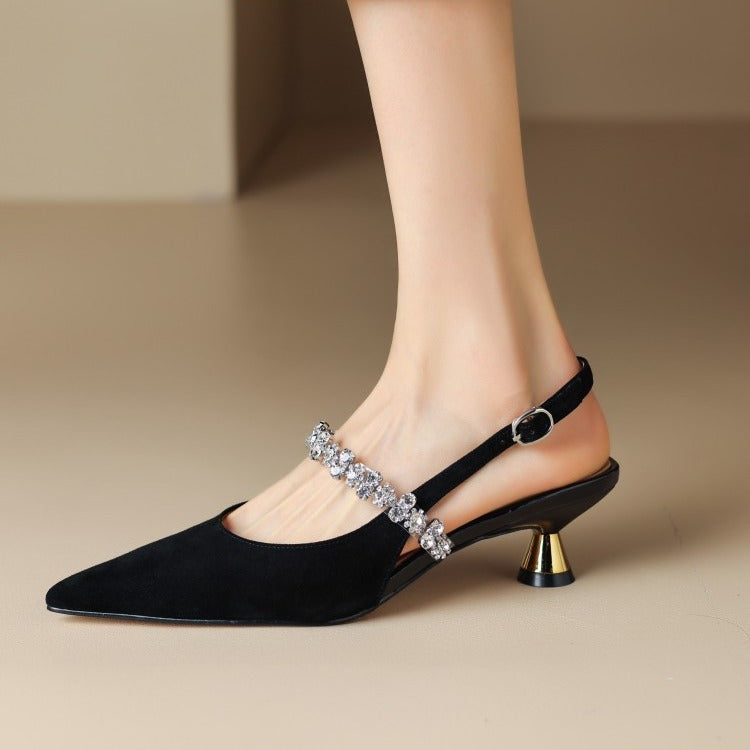 Women's Metallic Slingback Heels with Crystal Vamp Strap