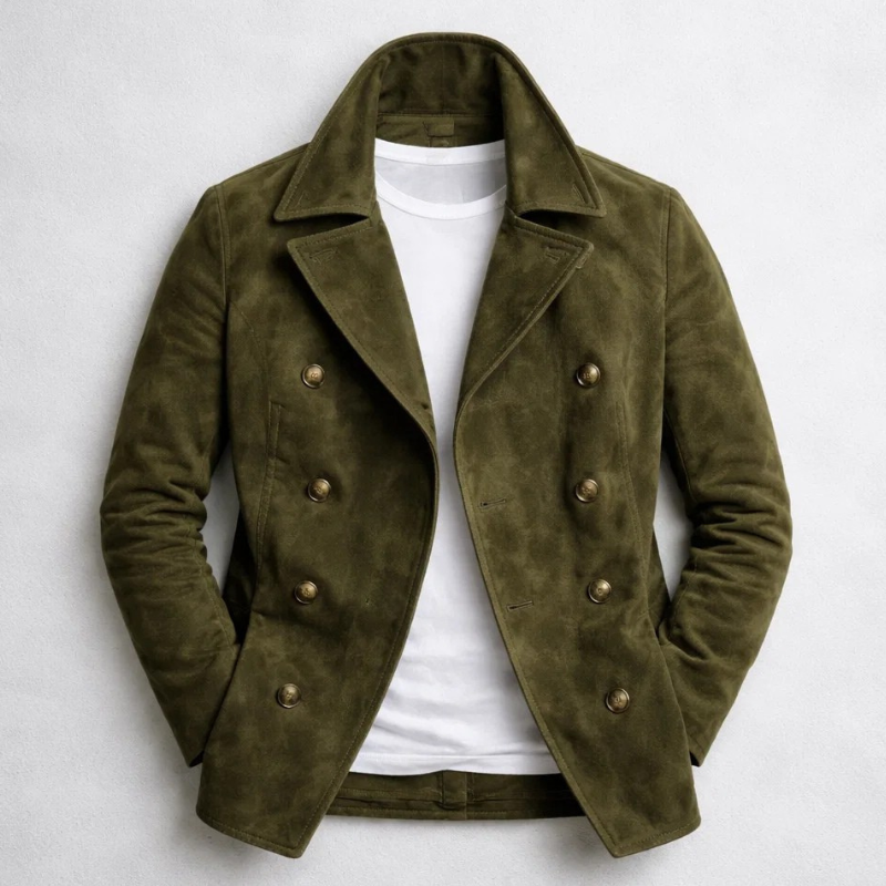 Men's Suede Double-Breasted Coat with Notch Lapel