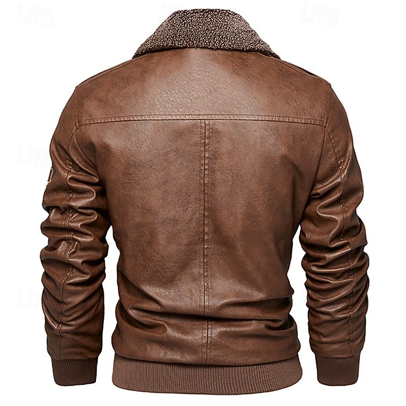 Blouson d’aviateur en cuir pour homme, avec col en fausse fourrure
