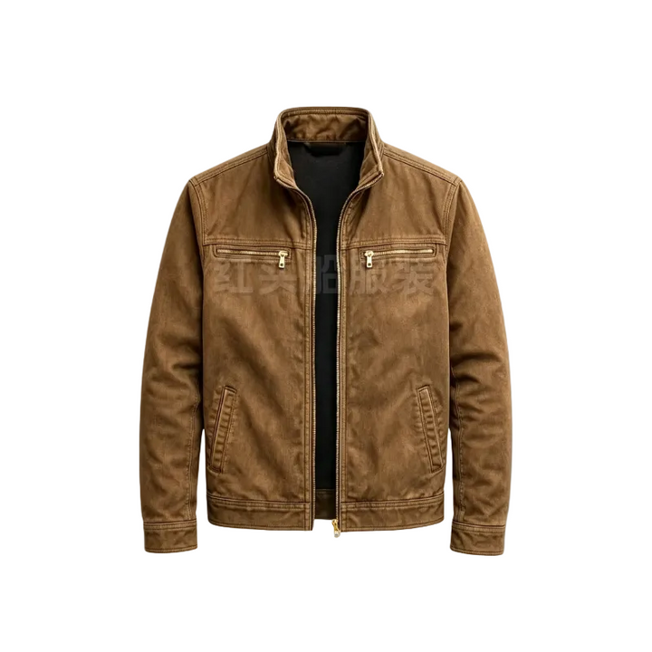 Men's Cotton Stand Collar Jacket with Zip Chest Pockets