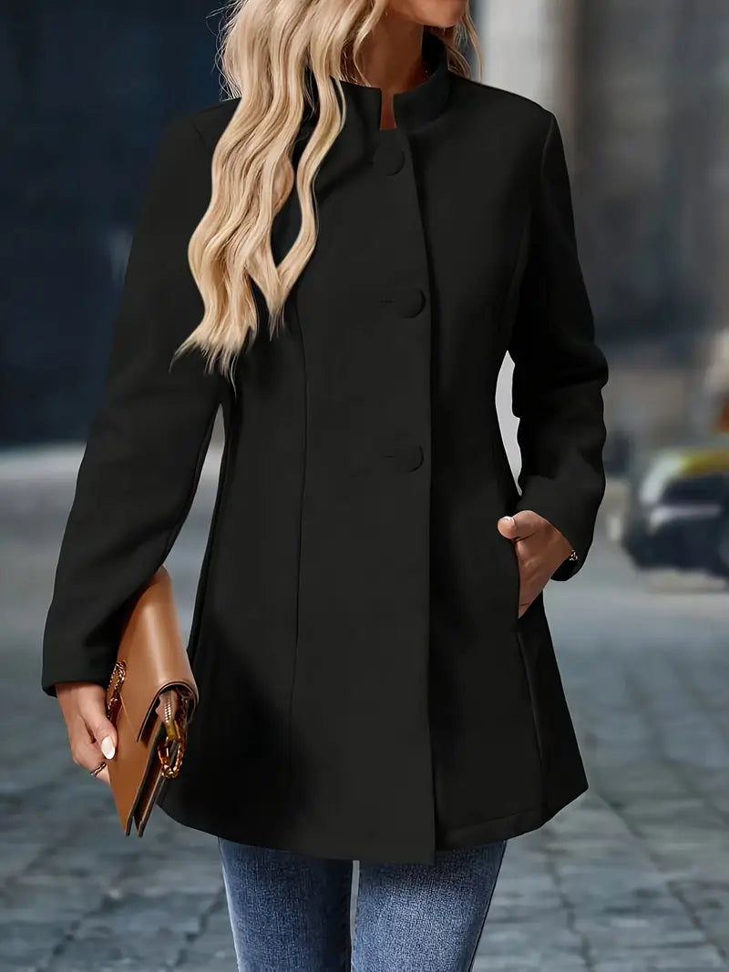 Women's Longline Stand Collar Blazer with Covered Buttons