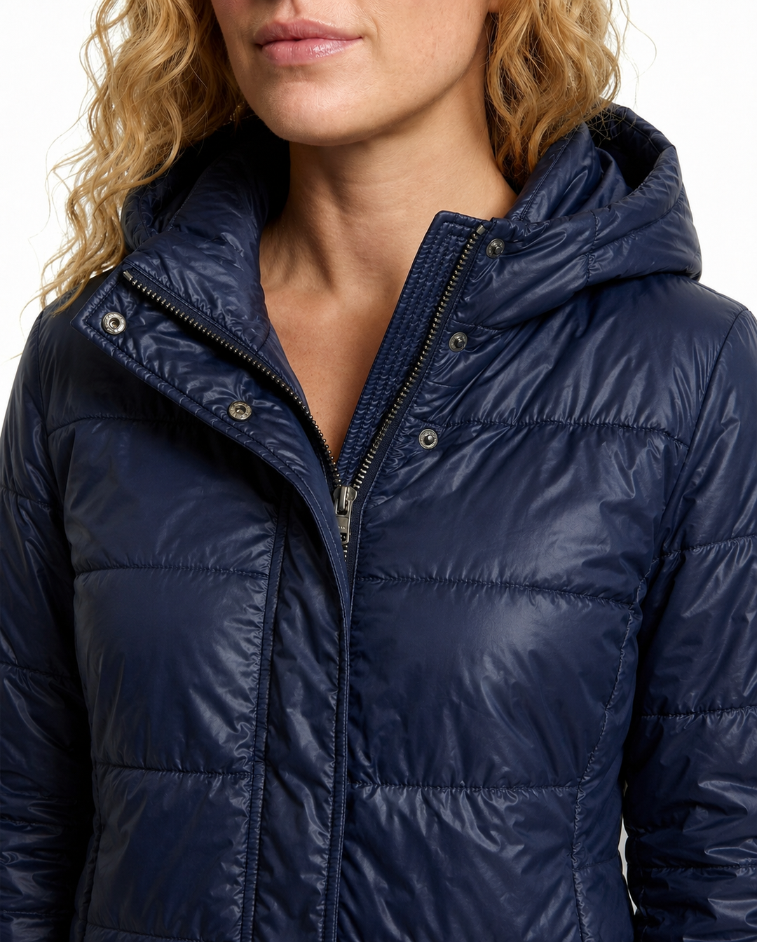 Women's Glossy Puffer Jacket with Padded Hood