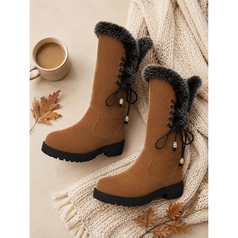 Bottes d’hiver pour femme montant jusqu’au genou, bordées de fourrure, avec détail de laçage