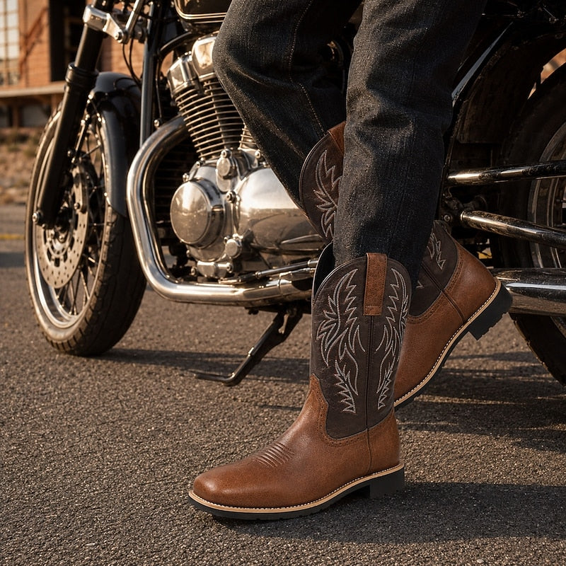 Men's Leather Western Cowboy Boots with Stitched Shaft