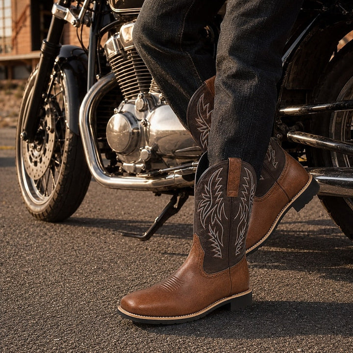 Men's Leather Western Cowboy Boots with Stitched Shaft