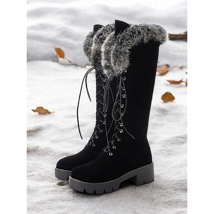 Women's Fur-Trimmed Knee-High Boots with Lace-Up Front