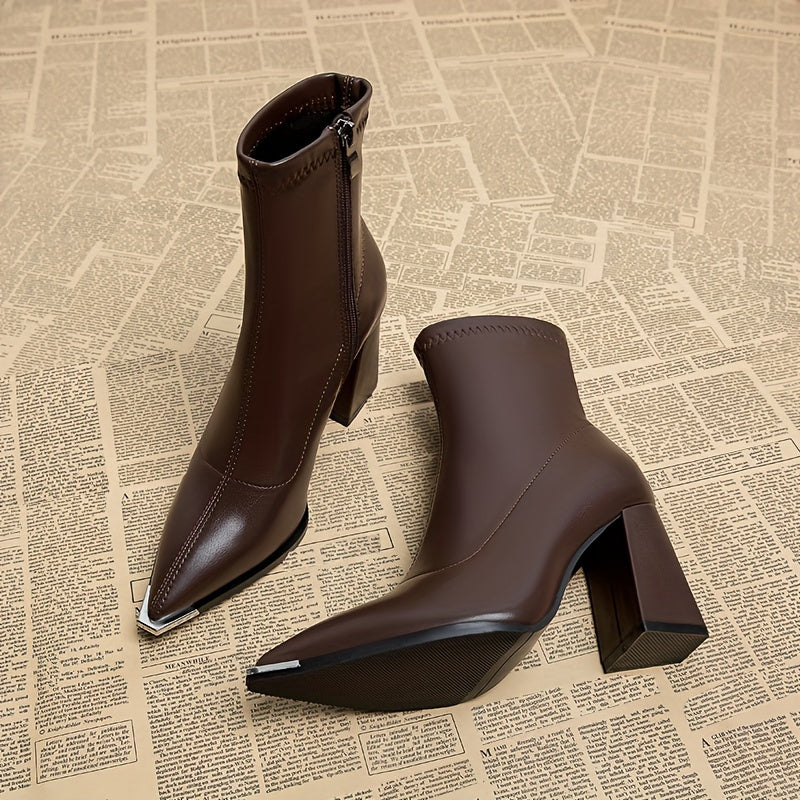 Women's Pointed Toe Block Heel Ankle Boots with Side Zip