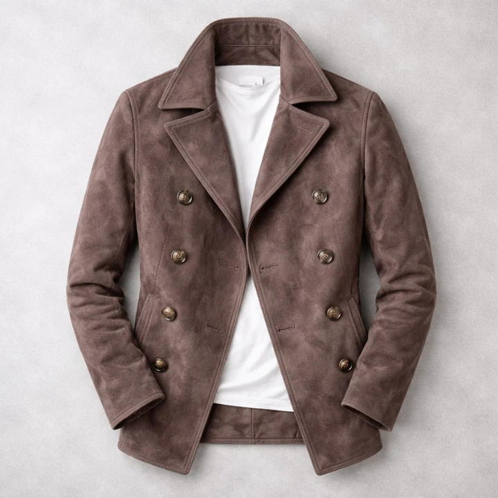 Men's Suede Double-Breasted Coat with Notch Lapel