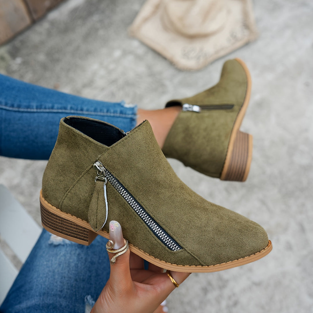 Women's Suede Ankle Boots with Side Zip Block Heel