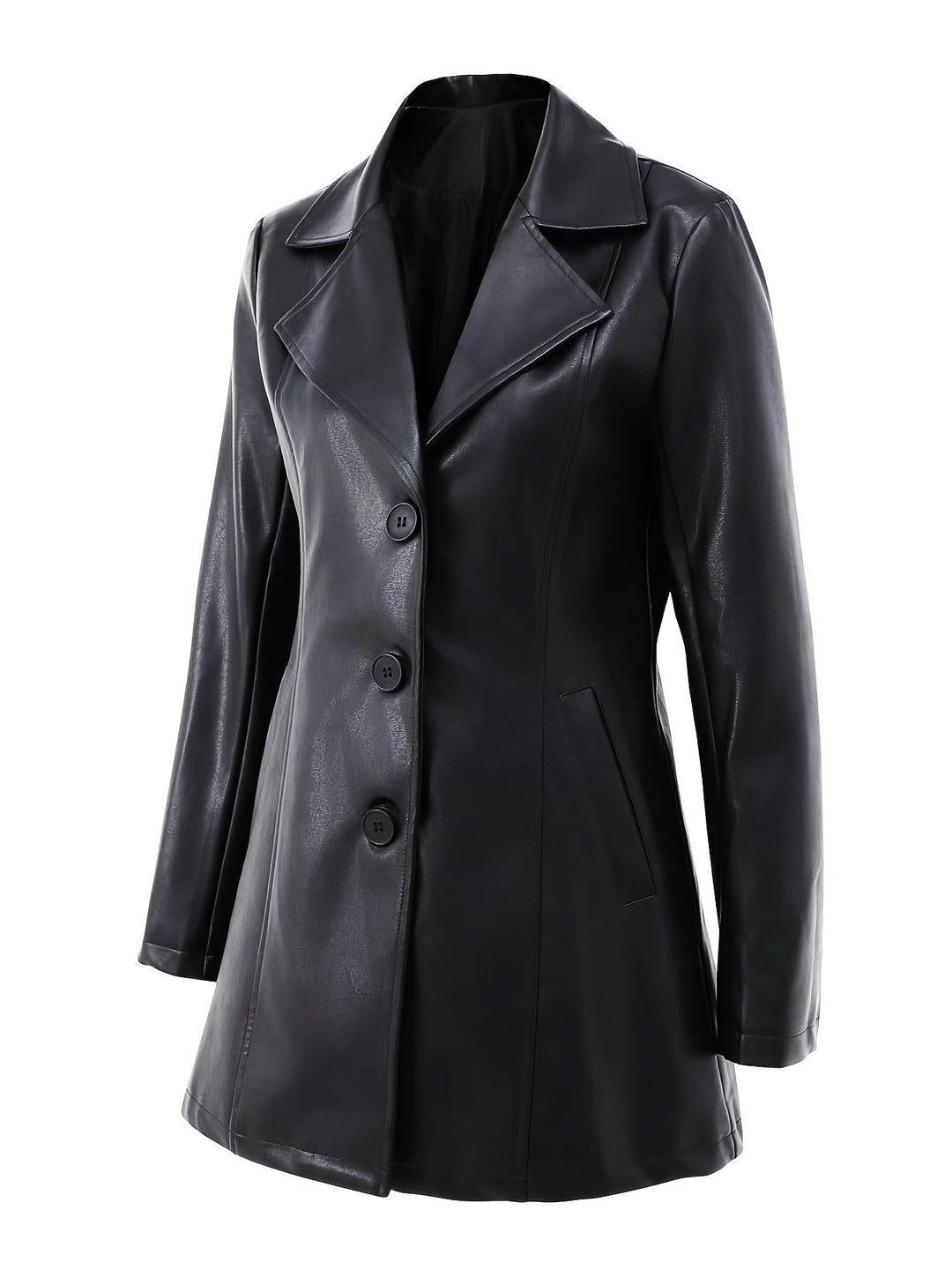 Women's Leather Longline Coat with Notch Lapel